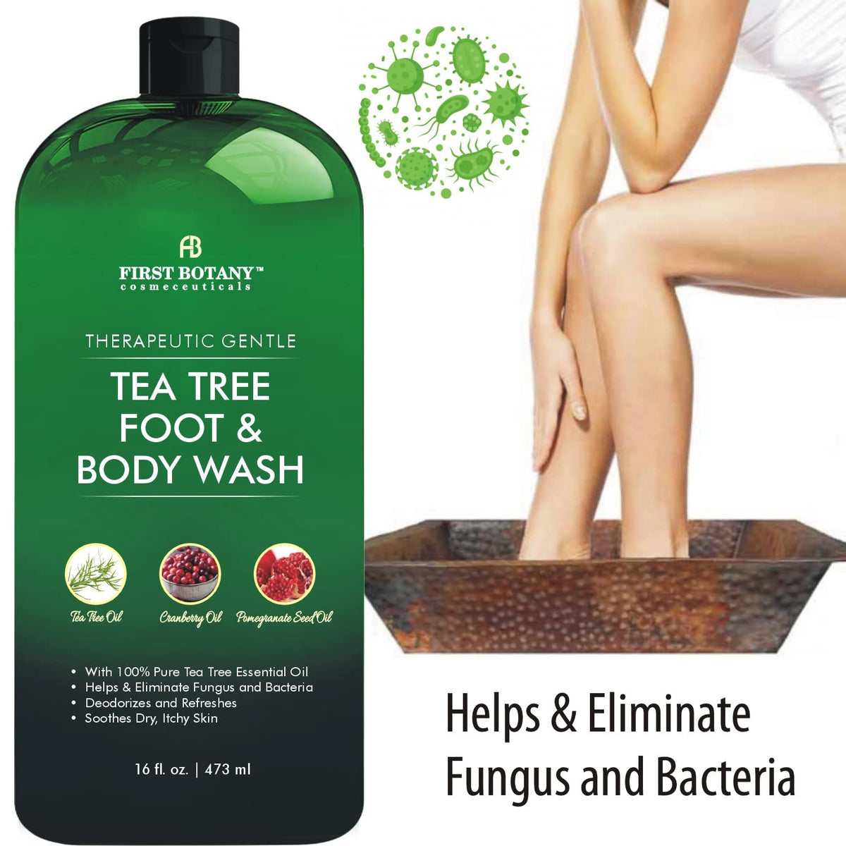 First Botany Tea Tree Ingredients close-up showcases plant-based formula for skin health.