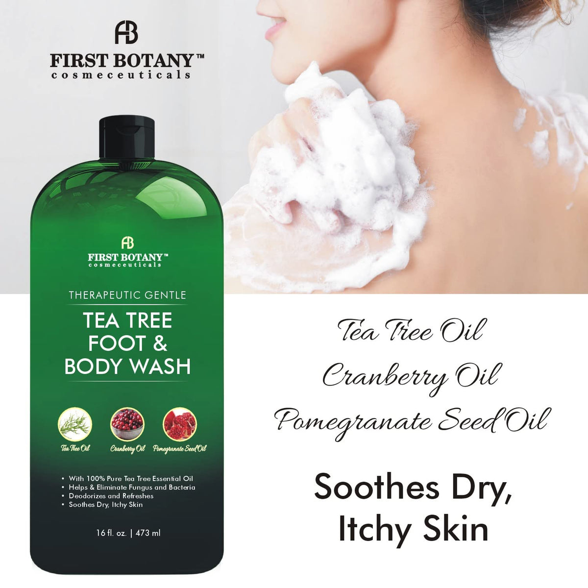 First Botany Tea Tree Oil cap close-up emphasizes natural cleansing power.