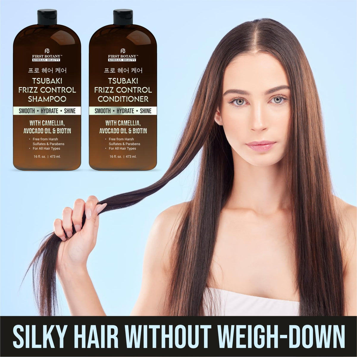First Botany Tsubaki oil hair close-up—deep hydration for dry strands.