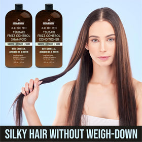 First Botany Tsubaki oil hair close-up—deep hydration for dry strands.