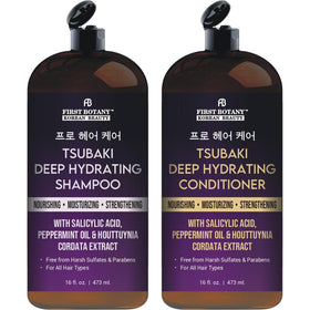 First Botany Tsubaki Deep Hydrating Shampoo bottle delivering hydration boost for silky hair.