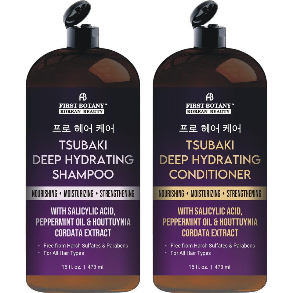 First Botany Tsubaki Deep Hydrating Shampoo bottle delivering hydration boost for silky hair.