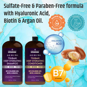 First Botany Tsubaki shampoo ingredients closeup highlighting hyaluronic acid and biotin.