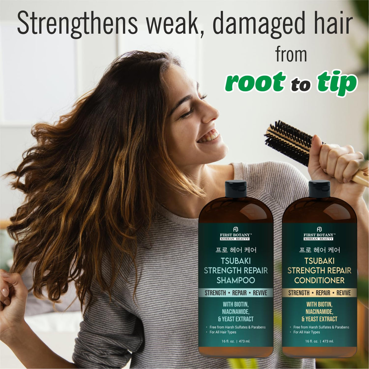 First Botany Tsubaki Strength Conditioner bottle demonstrates deep hydration