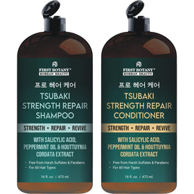 First Botany Tsubaki Strength Shampoo bottle shows strengthening formula