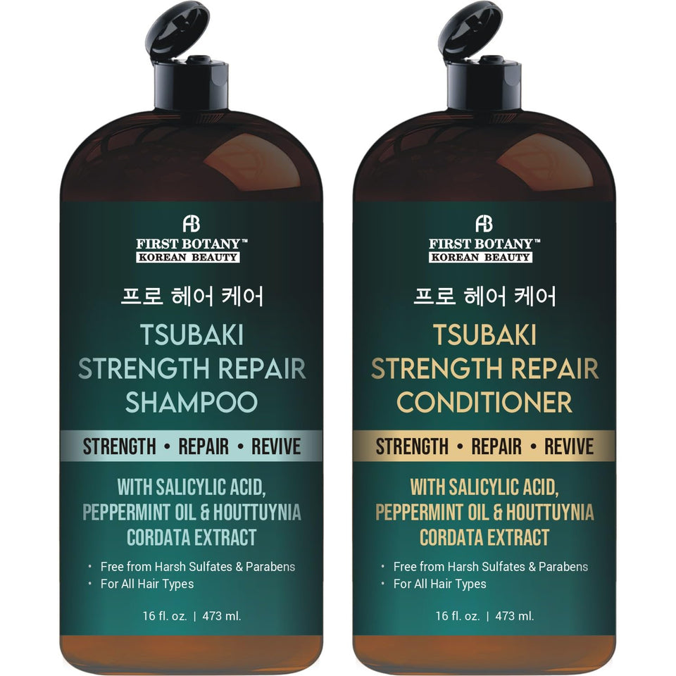 First Botany Tsubaki Strength Shampoo bottle shows strengthening formula