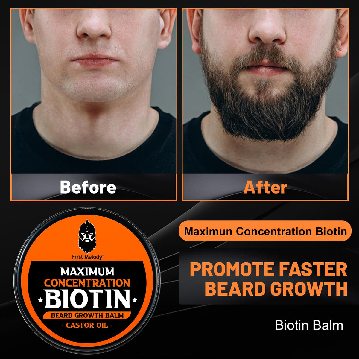 Hands apply First Melody beard balm for smooth, controlled styling.