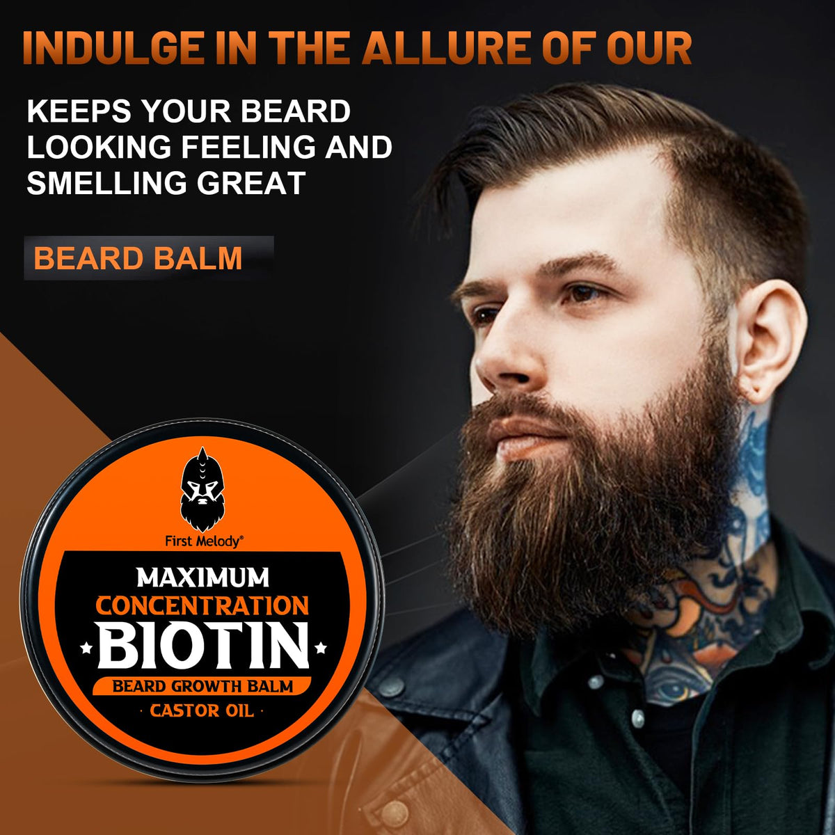 Beard balm jar close-up highlights convenient tin packaging.