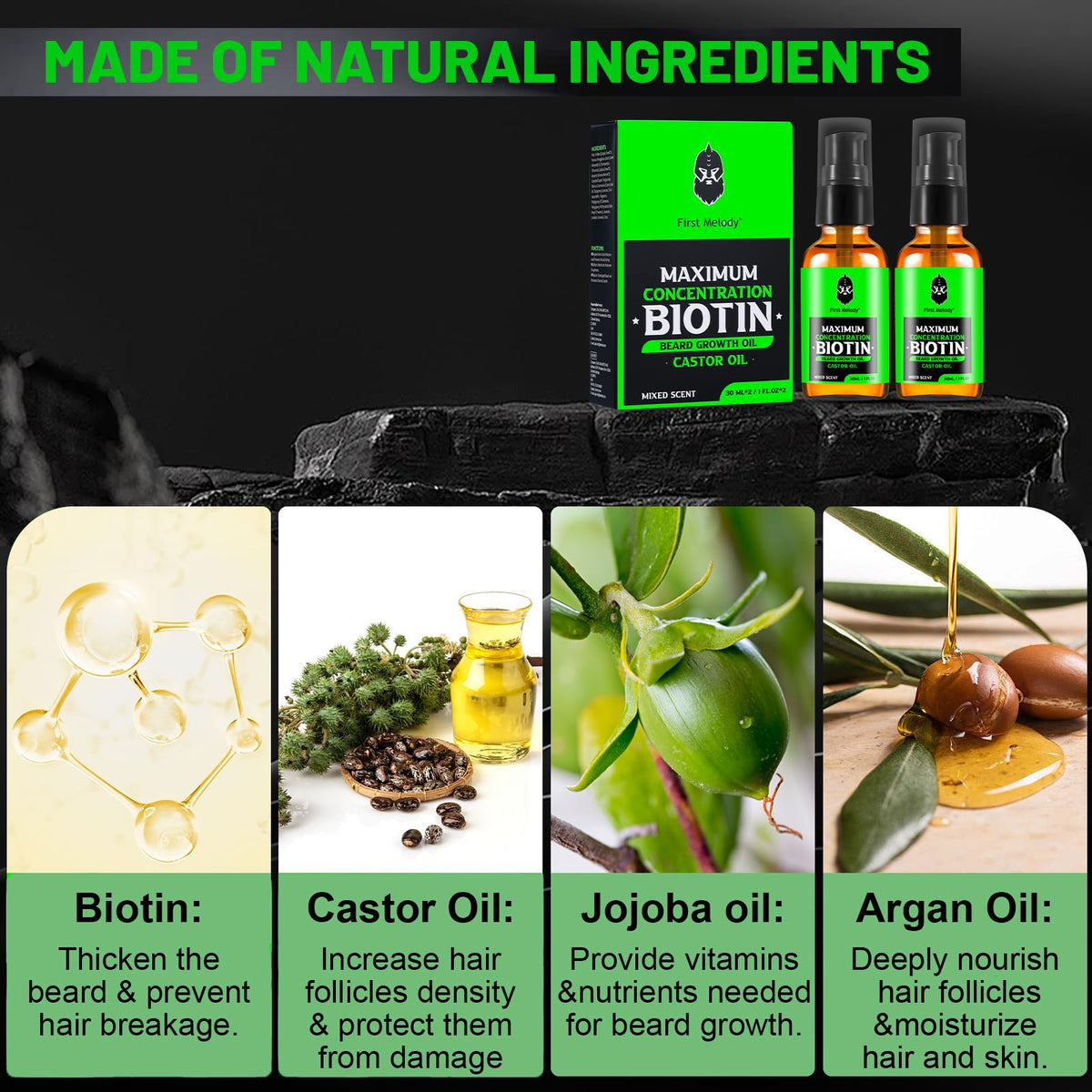 First Melody Biotin beard oil promotes healthier growth potential and reduced shedding