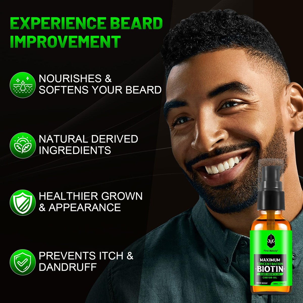 First Melody Beard Oil softens and styles with a non-greasy finish