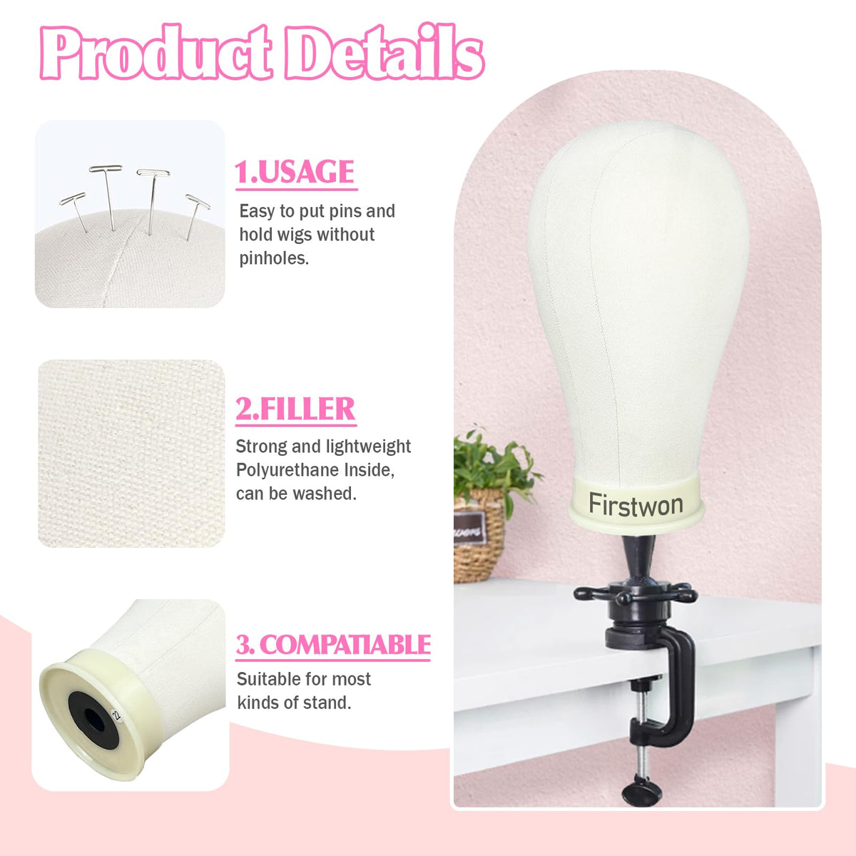 Firstwon 22-inch wig head on an adjustable tripod stand for versatile styling heights.