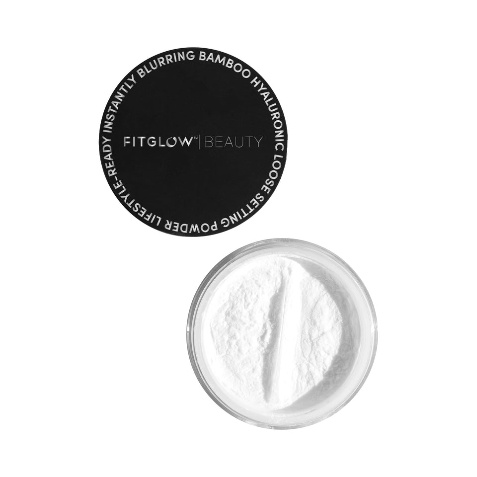 Fitglow Bamboo Hyaluronic Loose Setting Powder tube closeup showing weightless coverage