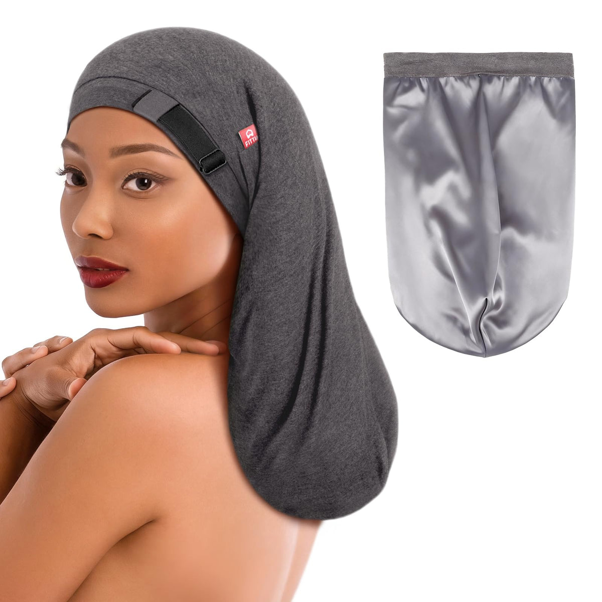 Fittia long satin bonnet for braids shields thick hair during sleep.