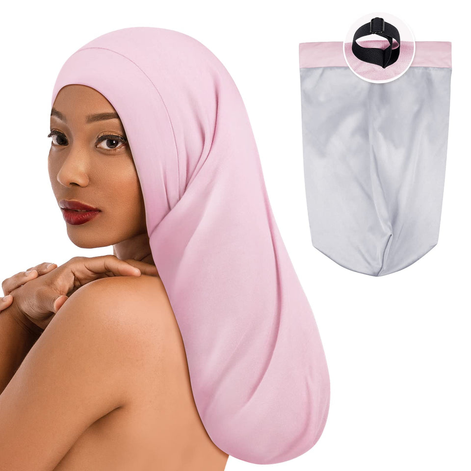 Fittia long silk satin bonnet worn over braids to protect hair overnight