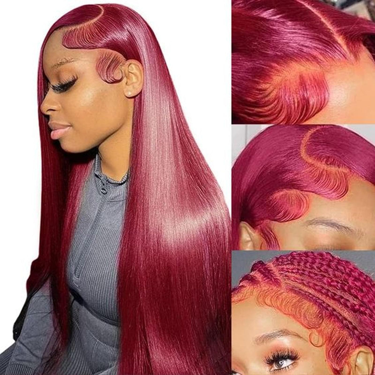 Fiumer Burgundy wig close-up shows natural lace front for seamless parting