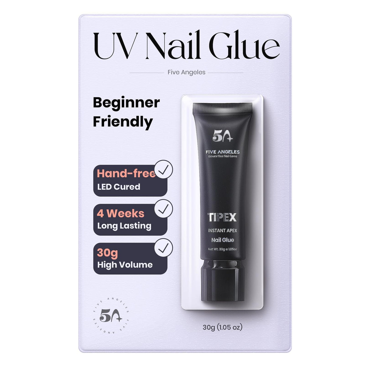 Five Angeles Tipex UV Gel Nail Glue bottle demonstrates secure, long-lasting bonding for nail tips.