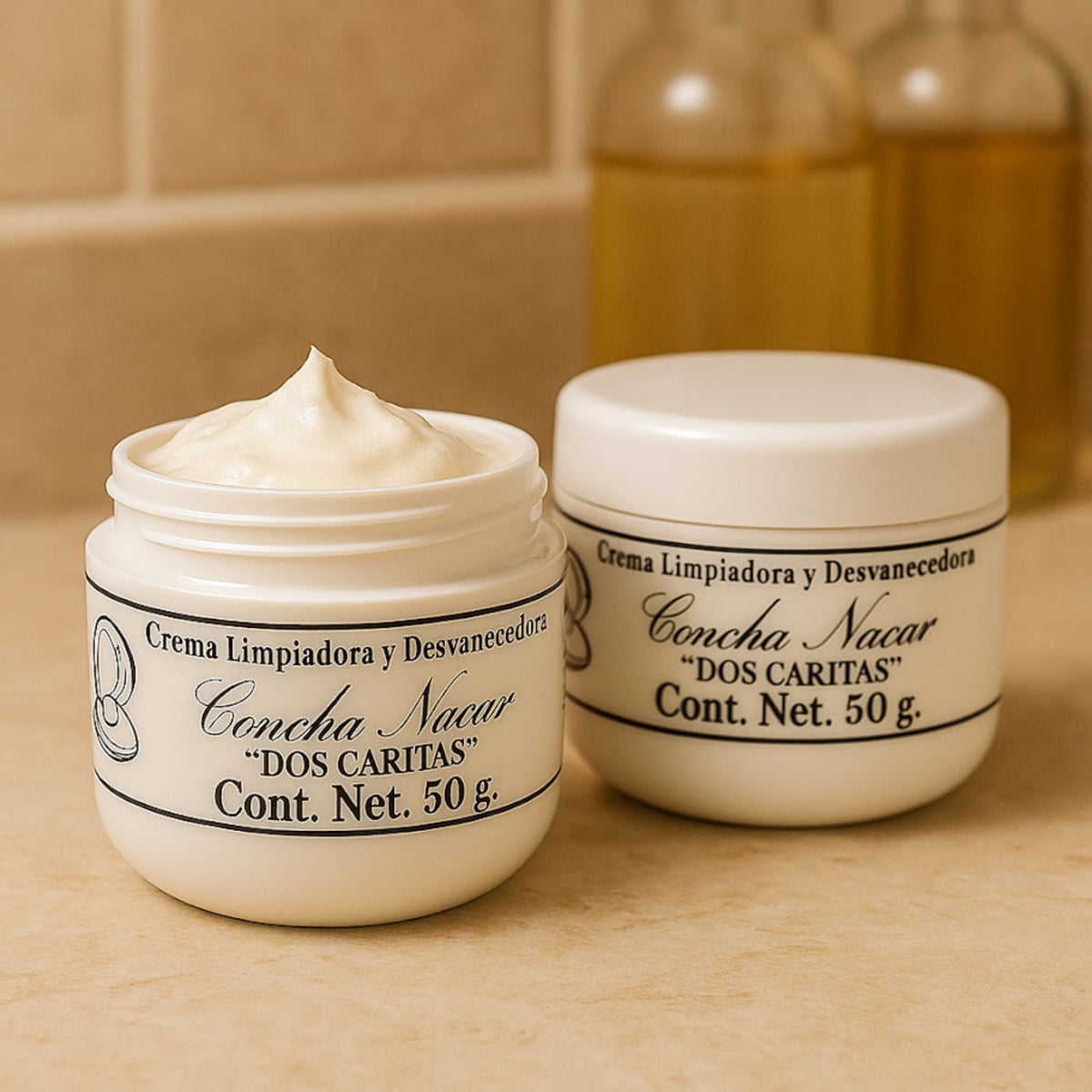 Five Brothers Dos Caritas Concha Nacar Cream label highlights heritage-inspired skincare.