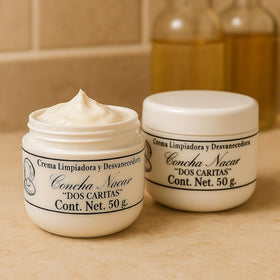 Five Brothers Dos Caritas Concha Nacar Cream label highlights heritage-inspired skincare.