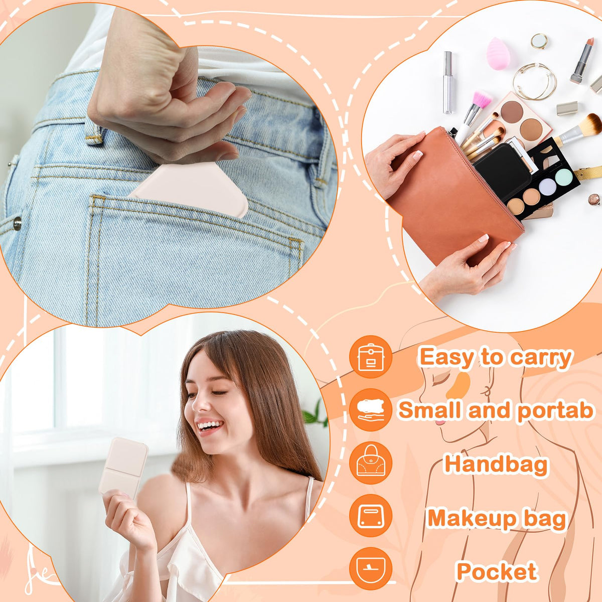 Fiwochic black pocket mirror in purse, convenient and portable