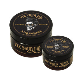 Fix Your Lid hair pomade jar front shows high-shine finish for a sleek, confident look