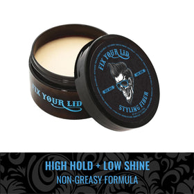 Fix Your Lid fiber on hair showing matte finish and non-greasy feel.