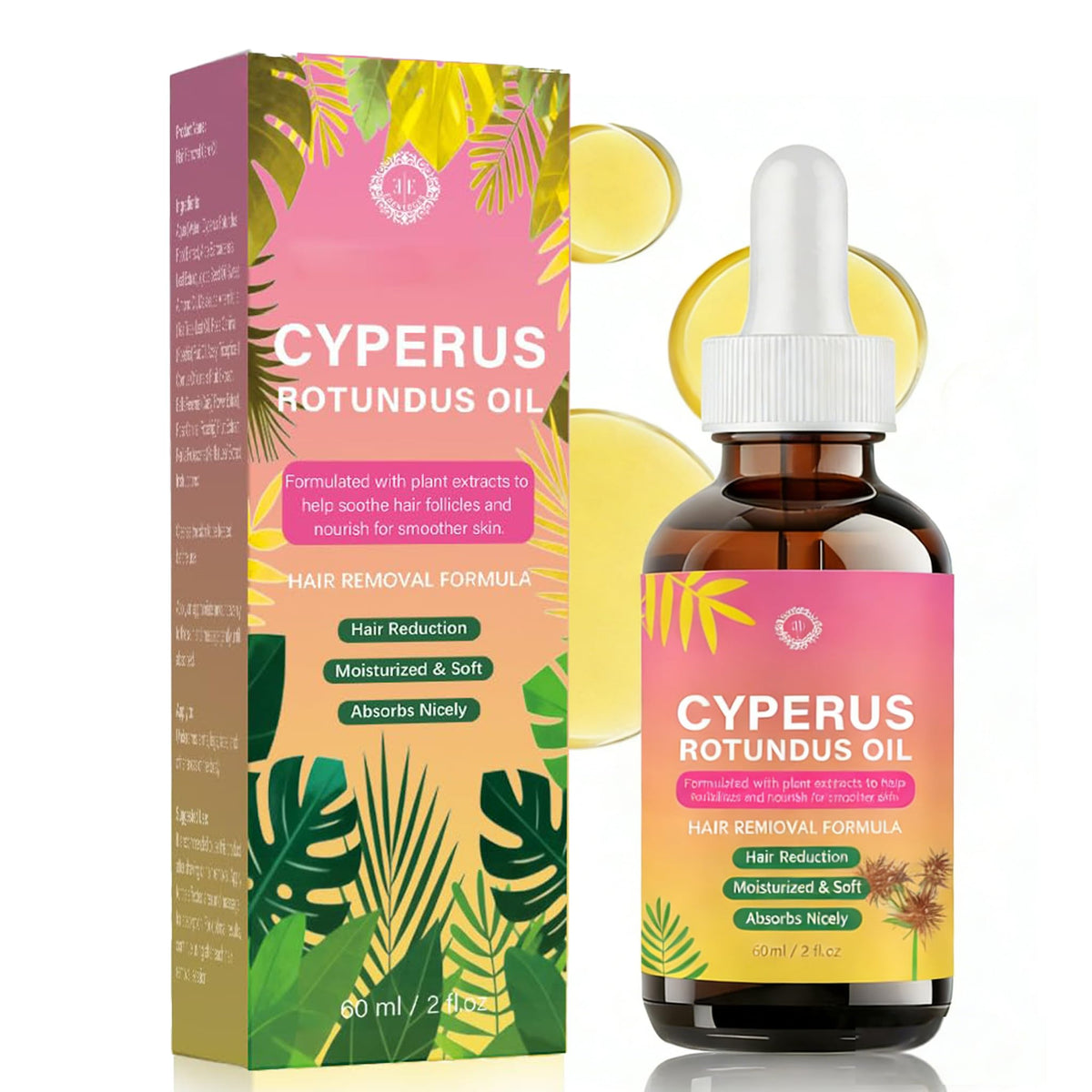 FJHAYRW Cyperus Rotundus Oil bottle displaying fragrance-free formula for gentle hair removal and skin care.