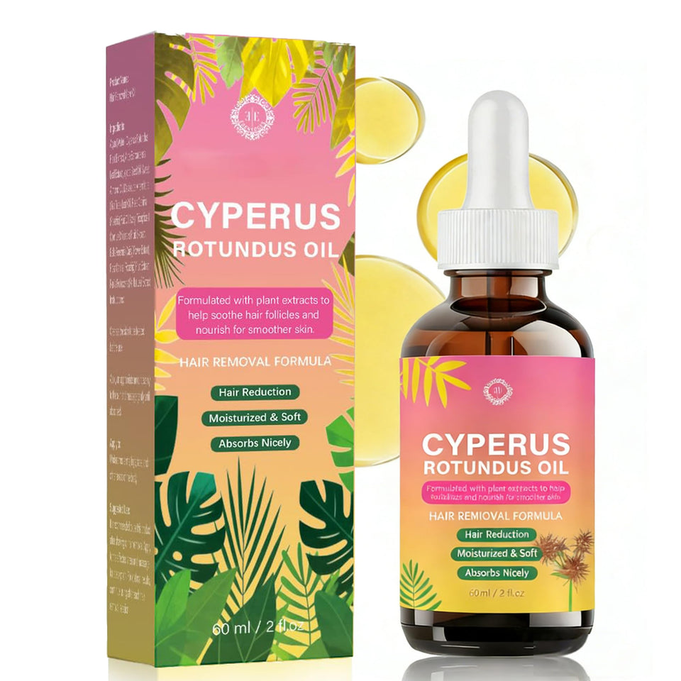 FJHAYRW Cyperus Rotundus Oil bottle displaying fragrance-free formula for gentle hair removal and skin care.