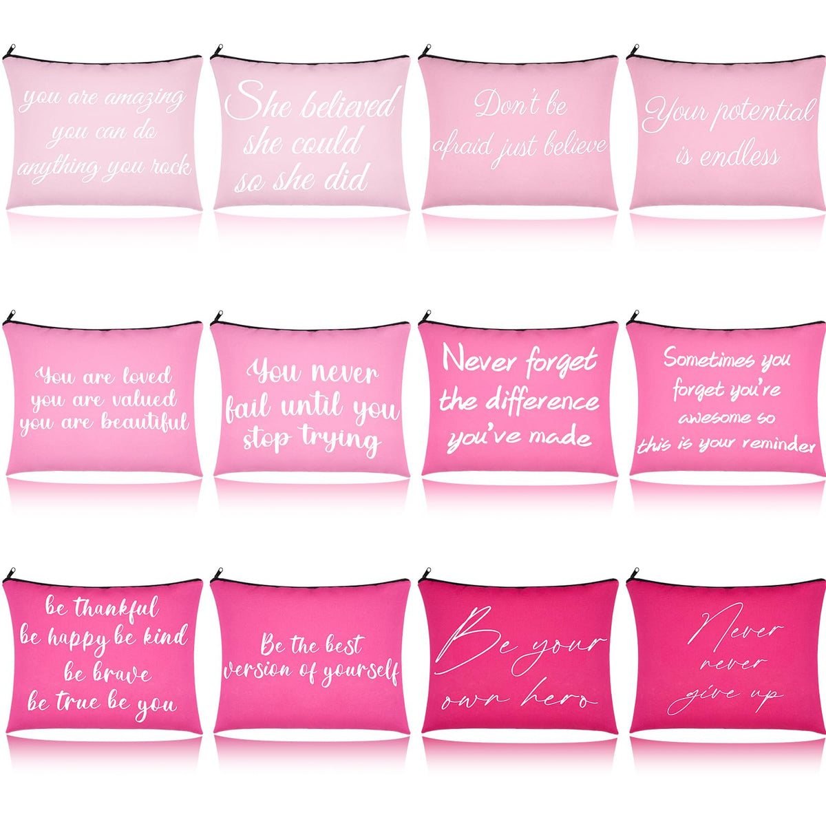 Fjoron 12-piece pink canvas makeup bags with zippers for organized cosmetics