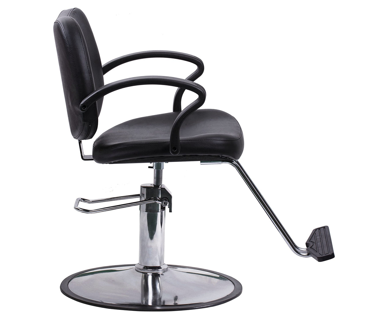 FlagBeauty black hydraulic barber chair side view, comfortable seating for sessions