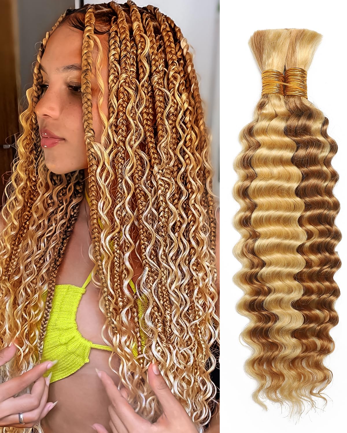 Flagship deep wave 16in human braiding hair close-up texture for boho braids.