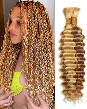 Flagship deep wave 16in human braiding hair close-up texture for boho braids.