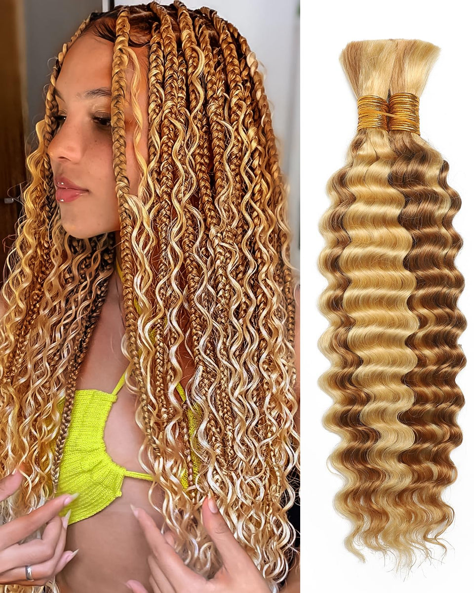 Flagship deep wave 16in human braiding hair close-up texture for boho braids.
