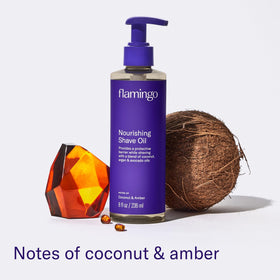 Flamingo Shave Oil applied on damp skin enhances glide.