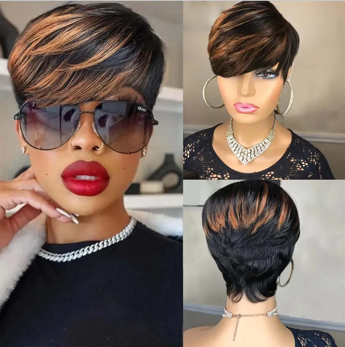 Flandi short pixie wig with bangs offers effortless styling with fingers.