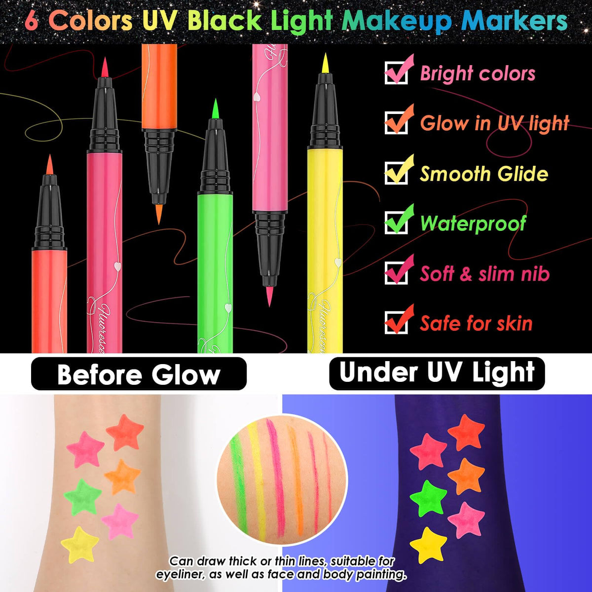 Flasoo UV neon eyeliner pens closeup showing rich pigment and glow.