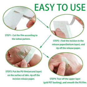 Flatoedu waterproof bandage shown during shower for tattoo protection.