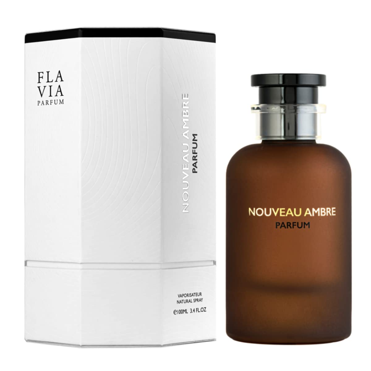 Flavia Nouveau Ambre EDP spray bottle shown, long-lasting scent for any occasion.