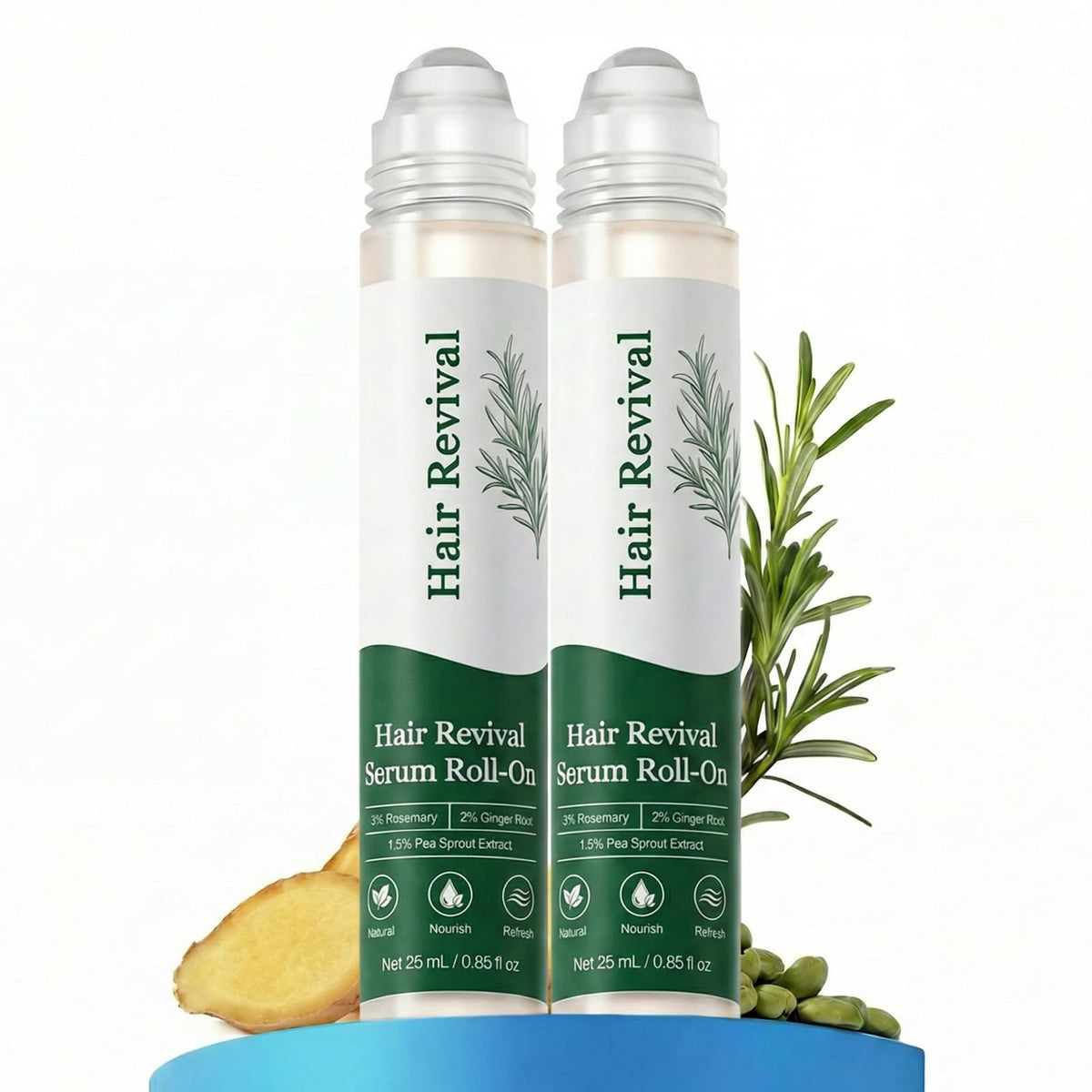 FLECKDR Hair Growth Serum Roll-On bottle front showing triple-active formula for fuller hair