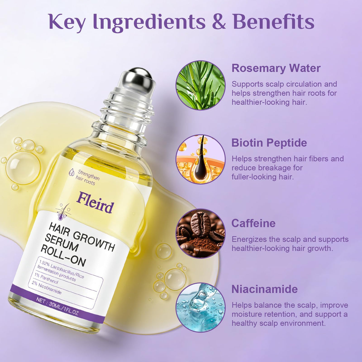 Fleird ingredients featuring rosemary, biotin, and caffeine for scalp nourishment.