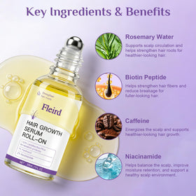 Fleird ingredients featuring rosemary, biotin, and caffeine for scalp nourishment.
