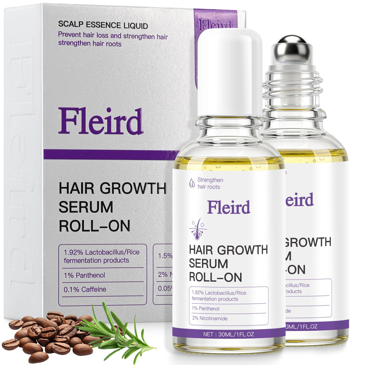 Fleird Rosemary Hair Growth Serum Roll-On bottle front for targeted thinning-area care.