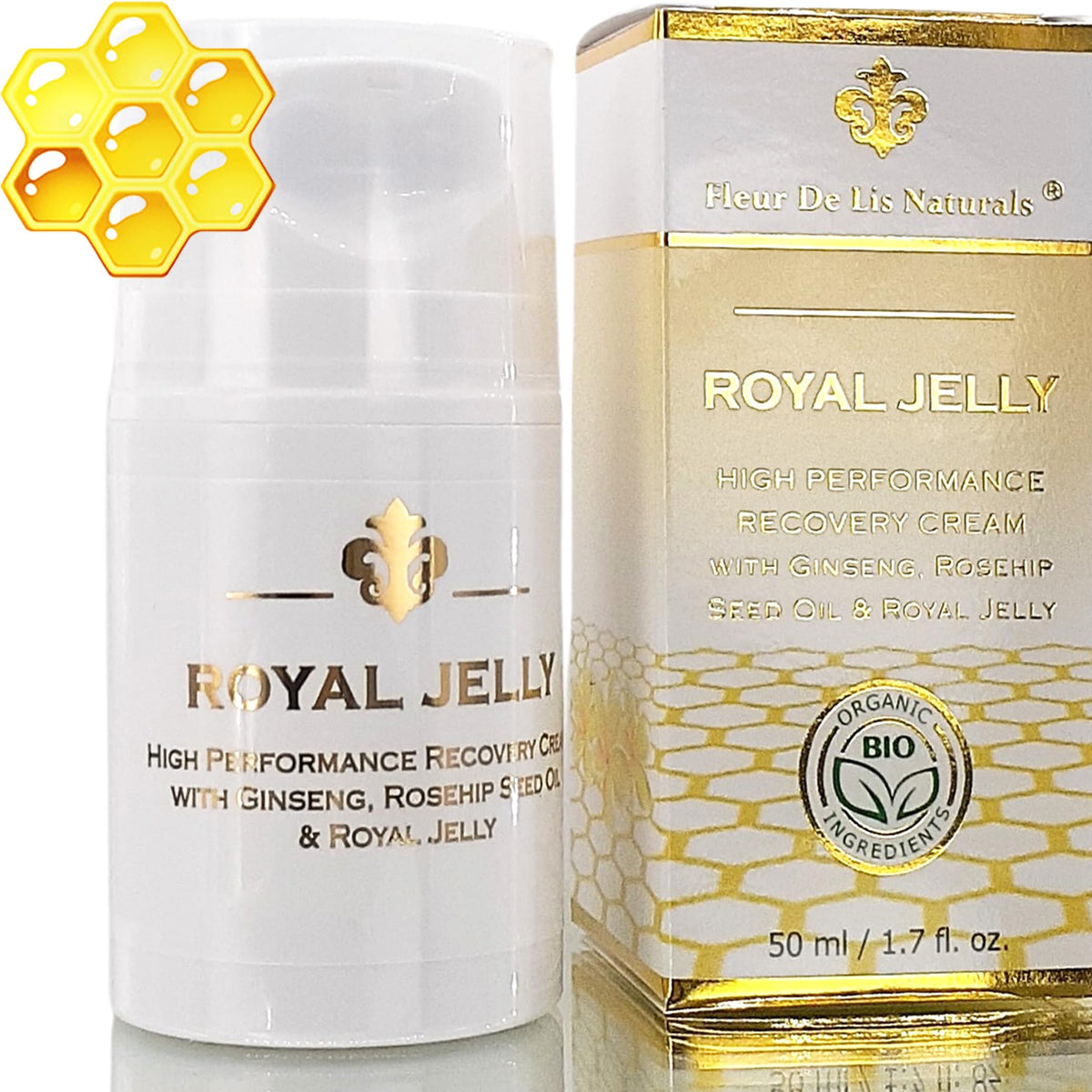 Fleur De Lis Naturals face cream jar close-up with royal jelly for radiant skin