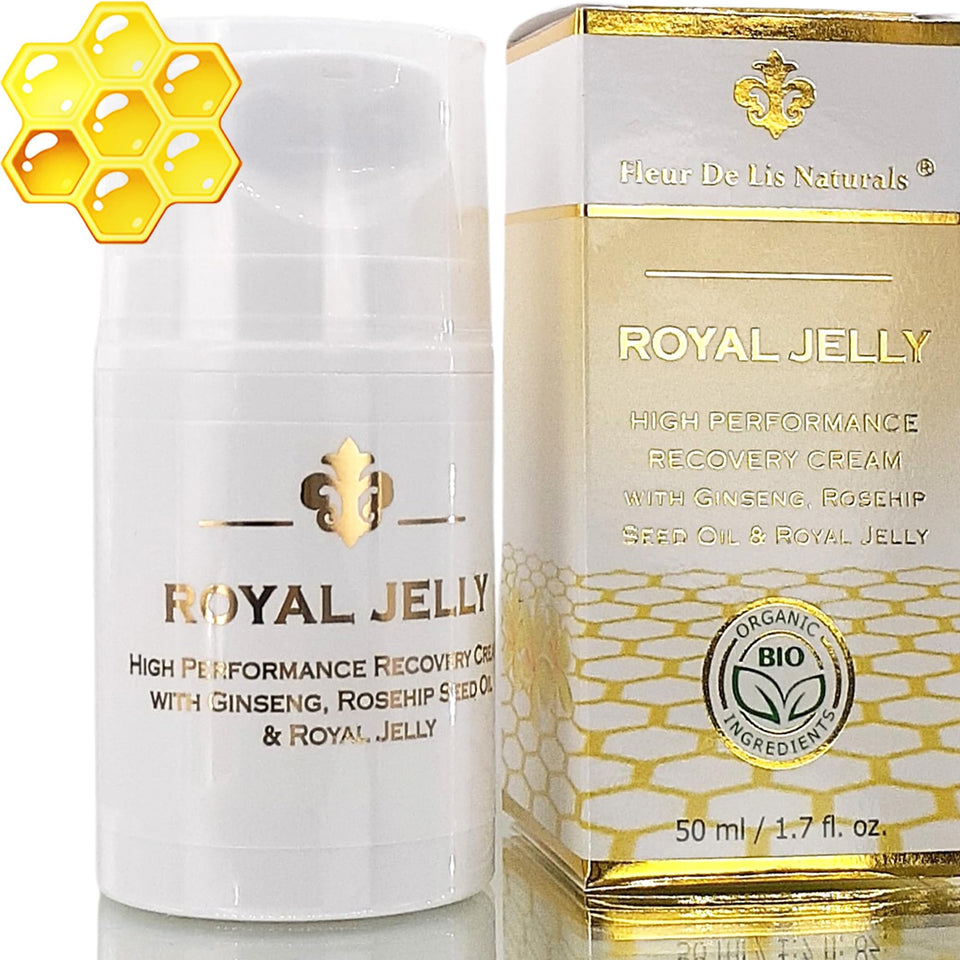 Fleur De Lis Naturals face cream jar close-up with royal jelly for radiant skin