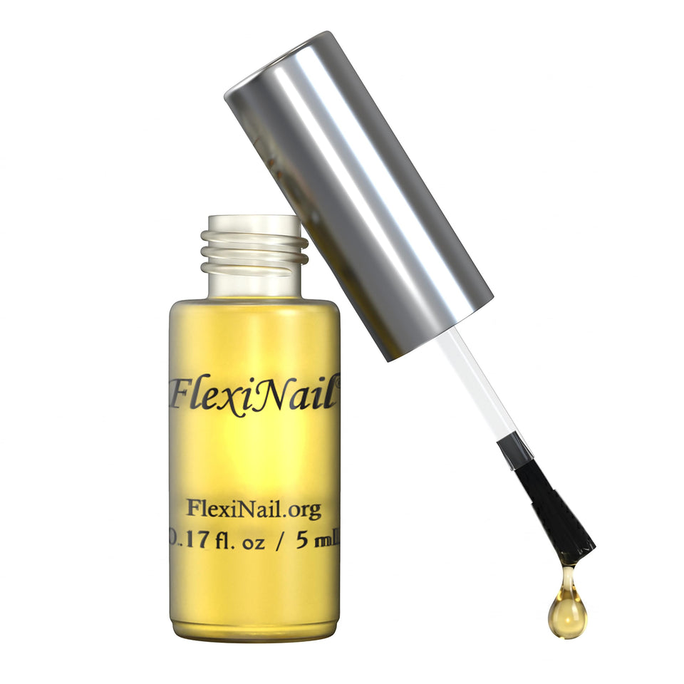 FlexiNail penetrating bottle pour demonstrates the conditioning treatment that strengthens nails.