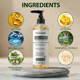 FLEXQW Collagen Lifting Body Oil on chest and upper arms