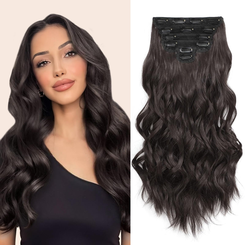 Fliace clip-in hair extensions in dark brown with long waves for instant length
