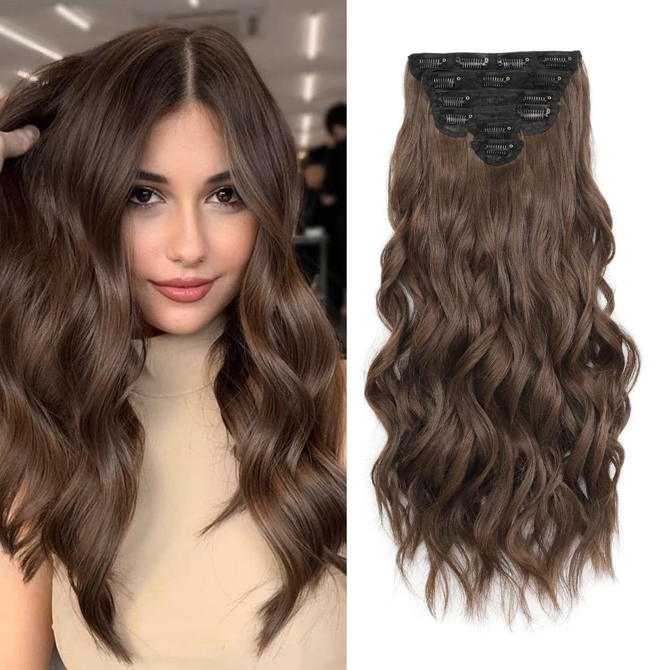 Fliace clip-in extensions in 20-inch chestnut brown waves for fuller daily volume.