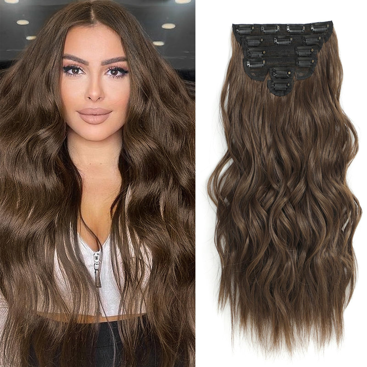 Fliace clip-in hair extensions overview showing six-piece 20-inch set for added volume