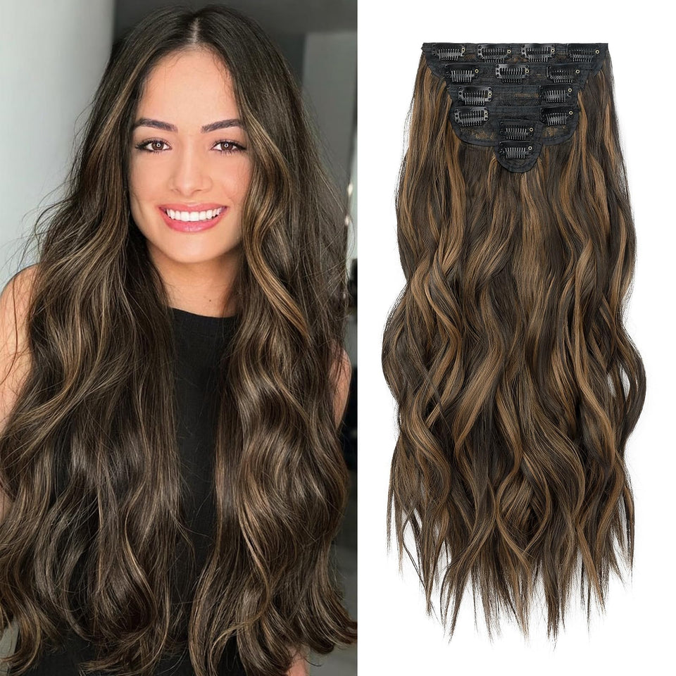 Fliace clip-in extensions in black with caramel highlights for a natural 20-inch look