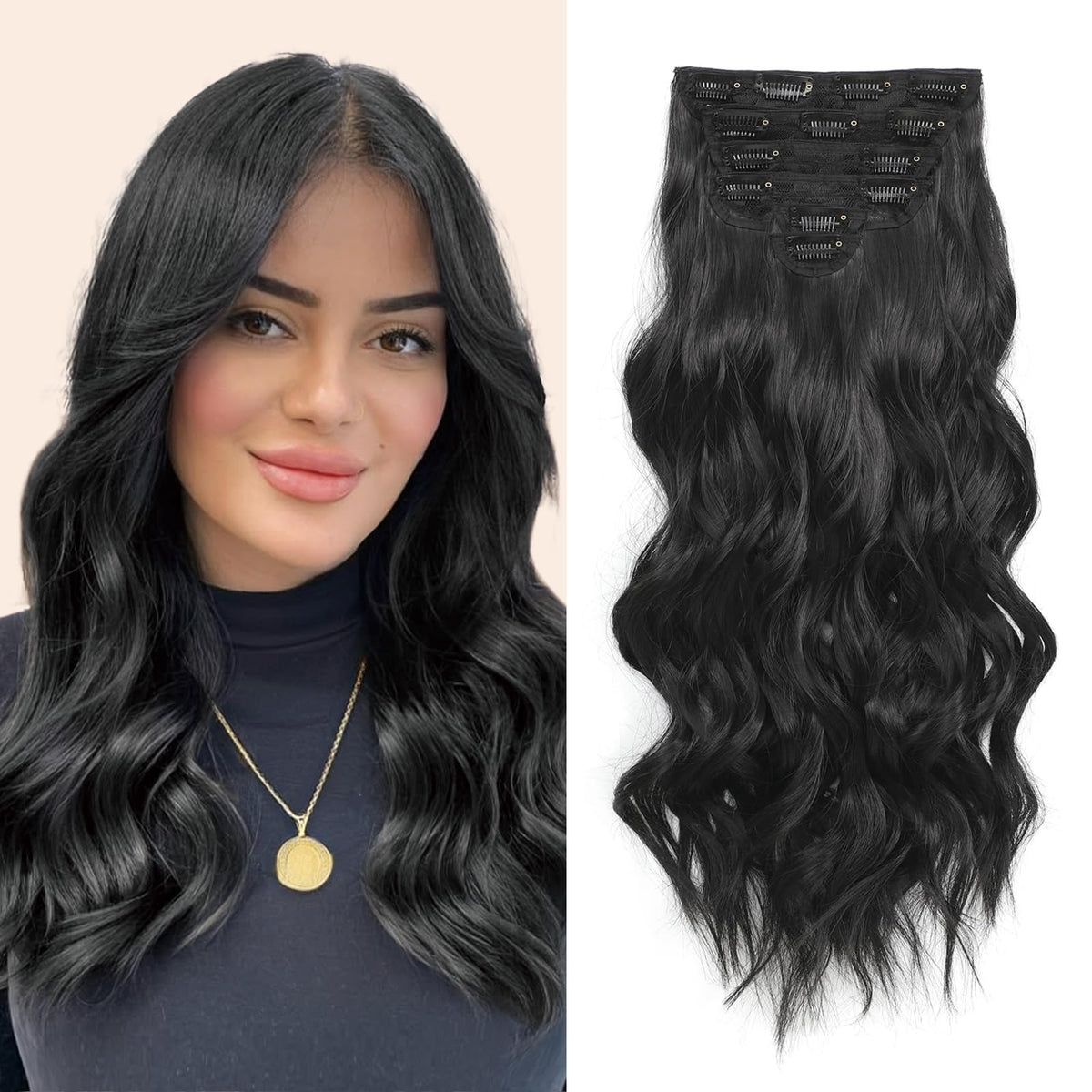 Fliace synthetic clip-in extensions, 16 inch black, six-piece set for added length.